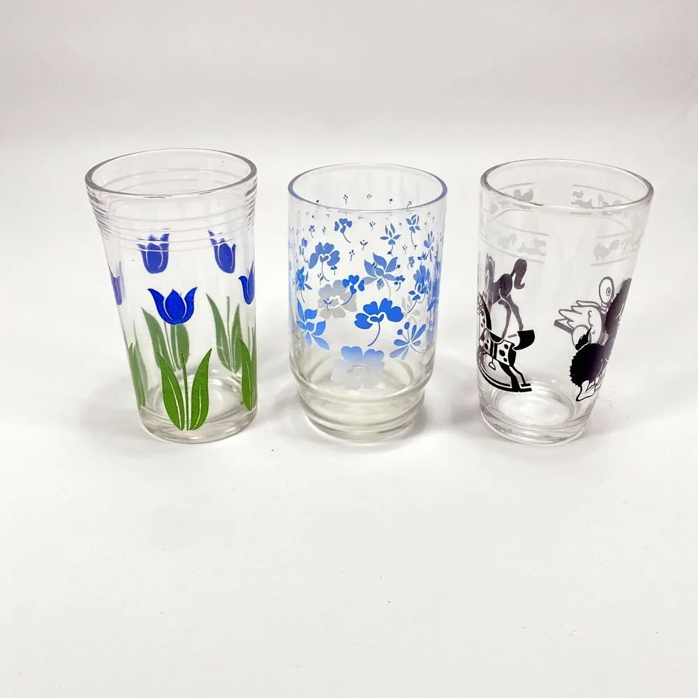 Vtg 50s 3 Juice Glasses Swanky Swig Kraft Hazel Atlas Kitsch Cottage Farmhouse